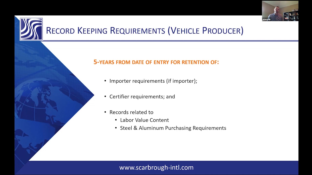 USMCA automotive or Vehicle producer record keeping requirements