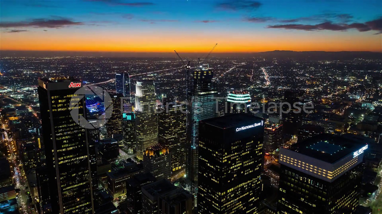 Downtown Los Angeles Aerial Day To Night Sunset Timelapse (LA00206)