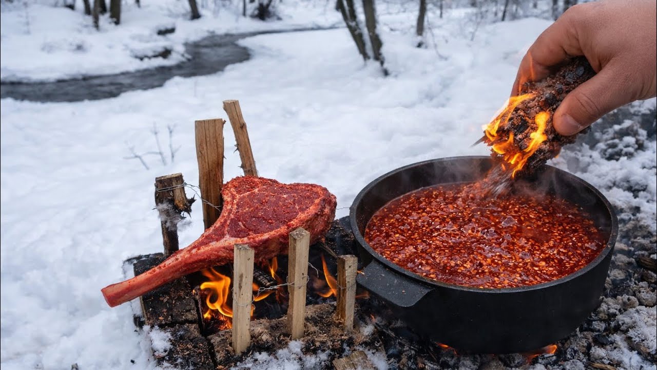 Primitive Steak Cooking & Flaming Log BBQ Sauce in the Wild | Bushcraft Outdoor Winter ASMR