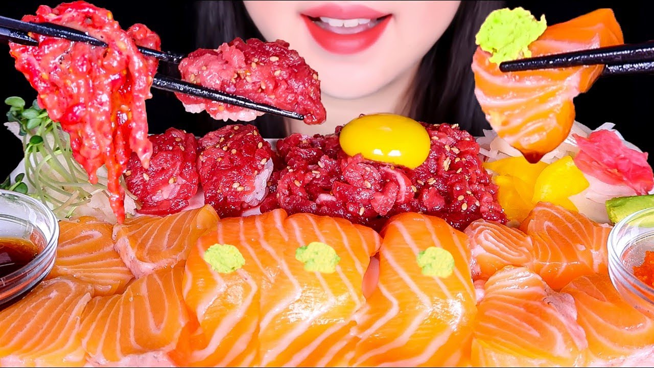 ASMR BEEF TARTARE (RAW BEEF YUKHOE), 🍣SALMON SUSHI Mukbang Eating sounds