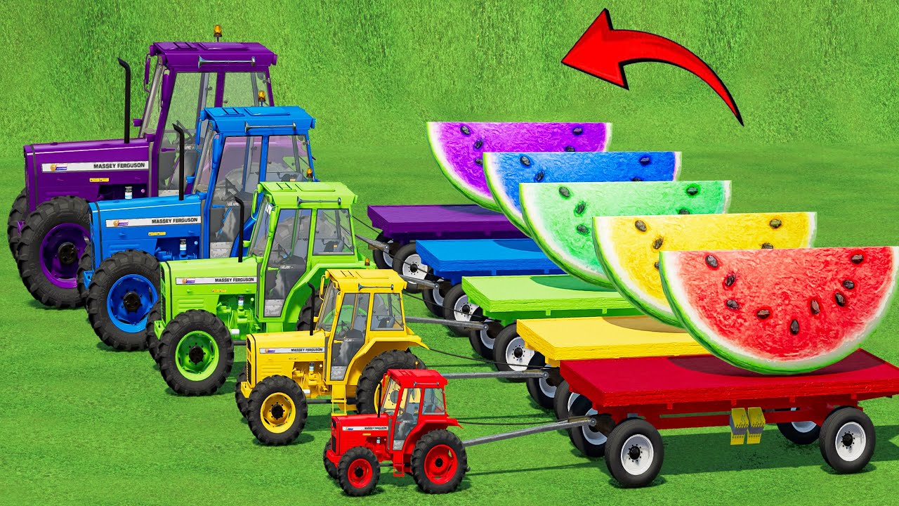 LOAD & TRANSPORT WATERMELON & ICE CREAM w/ MINI & BIG TRACTOR & FLATBED TRAILER & CAT LOADERS! FS 22