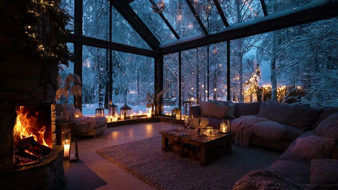 Sheltered from the Snow Wind Outside with Crackling Fireplace Sounds Inside the Room