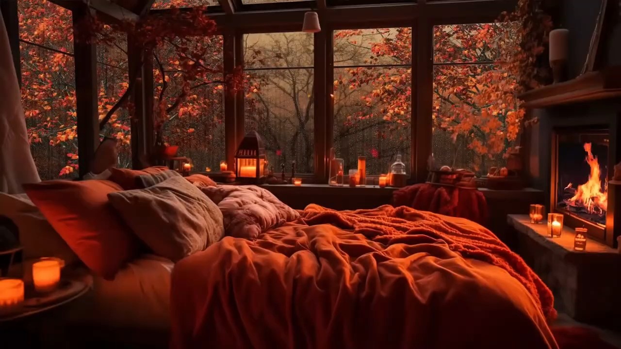 Cozy Bedroom Ambience – Heavy Rain, Leaffall & Fireplace