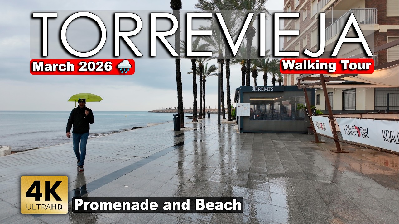 Torrevieja - Promenade & Beach, Rain Walk, March 10 | Costa Blanca - Walking tour [4k 60fps]