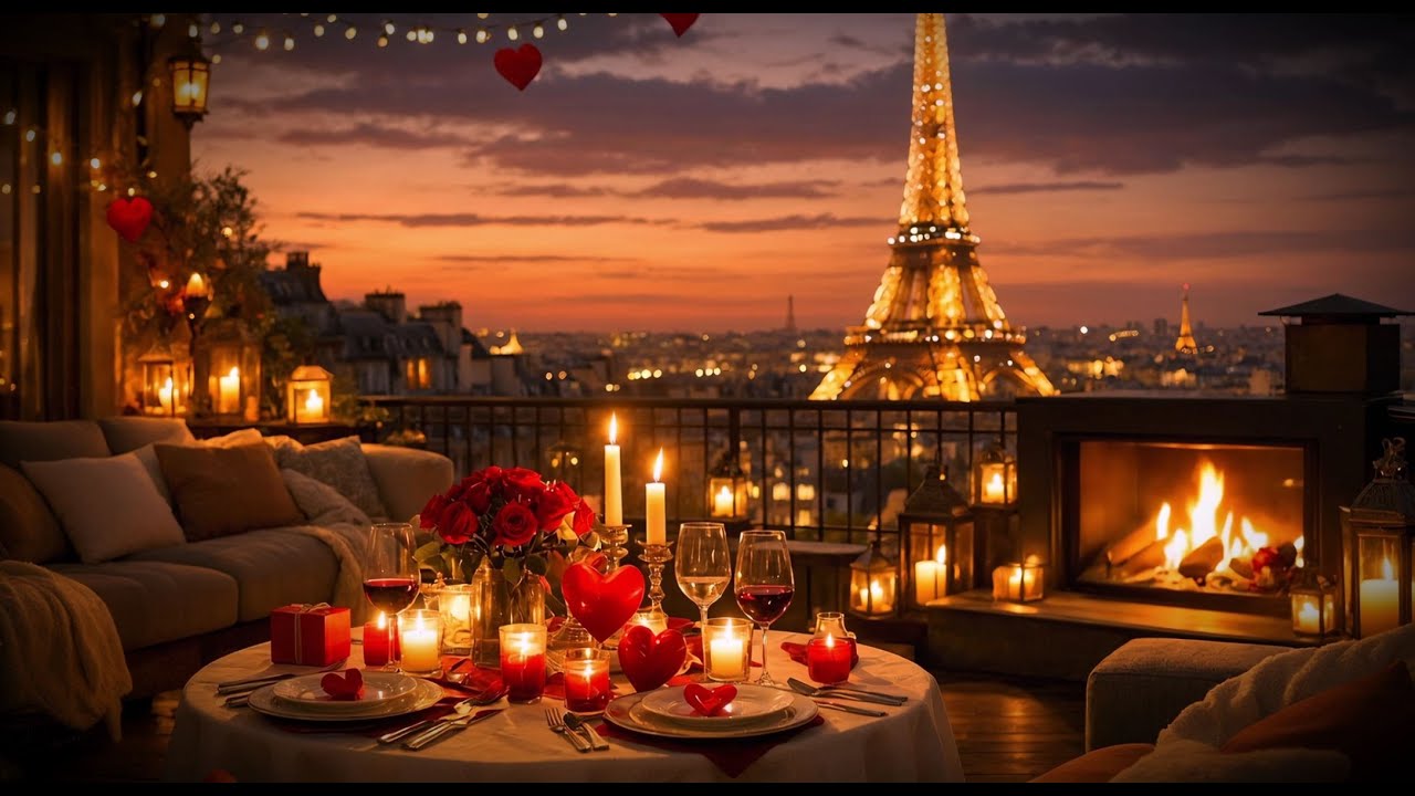 Valentine&rsquo;s Romantic Paris Night Ambience LIVE ❤️ Cozy Fireplace & Love Music