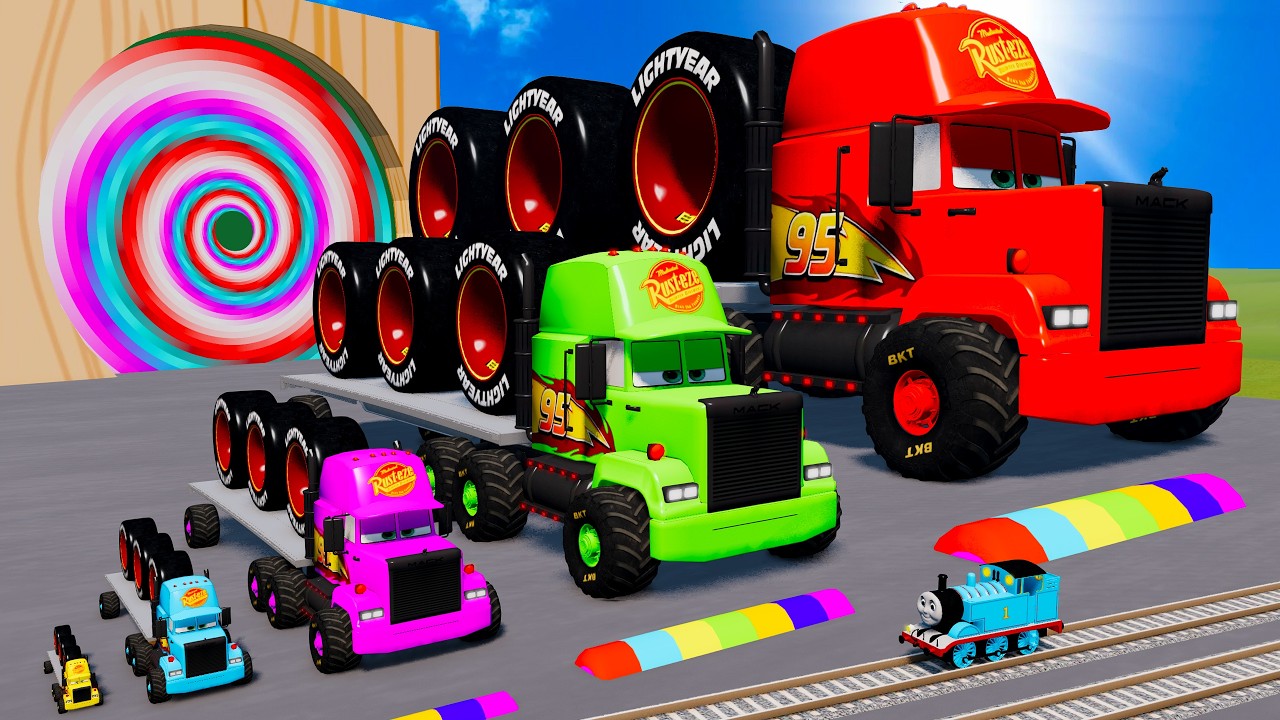 Long Cars vs Giant Pit | Big & Small Colors Long Mack Truck with Mcqueen wheels VS Train | BeamNG