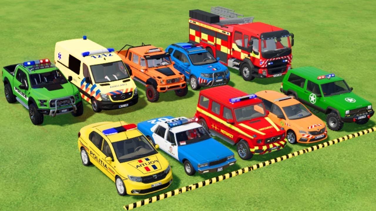 TRANSPORTING POLICE CARS, AMBULANCE, FIRE TRUCK, COLORFUL CARS WITH TRUCK! -FARMING SIMULATOR 22