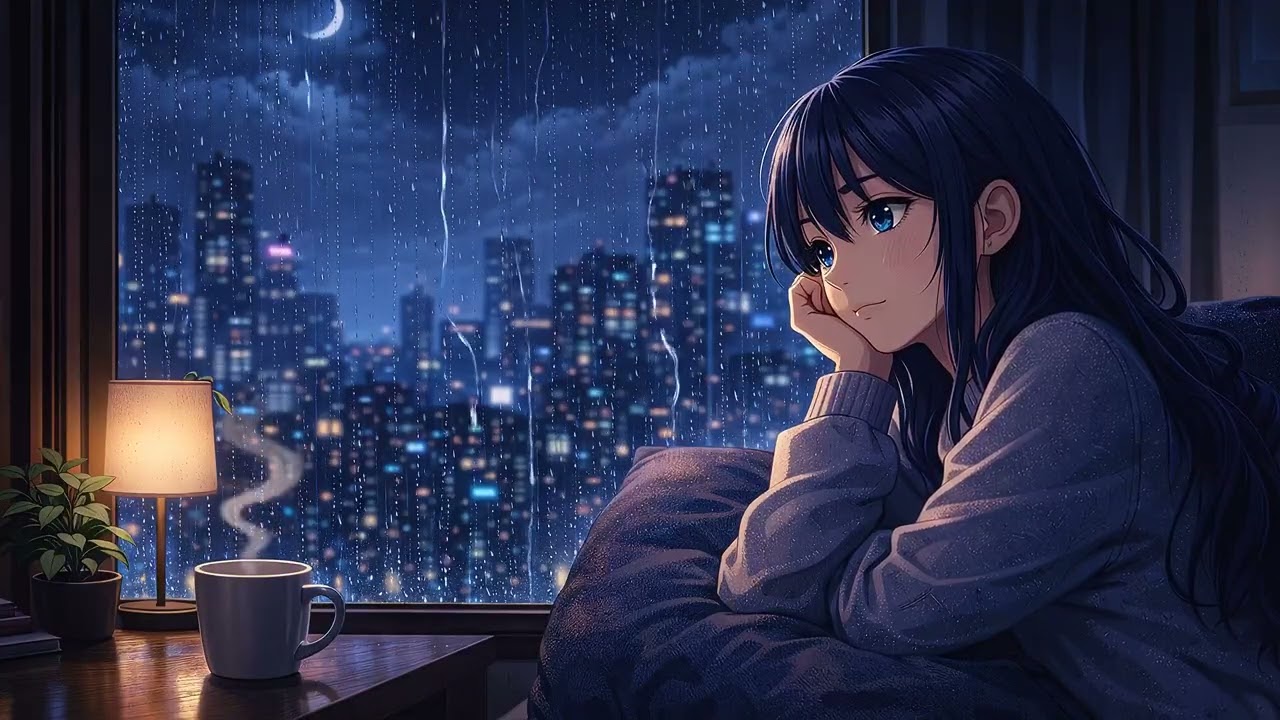 Night Rain Window | Calm Piano & City Rain Sounds (12 Hours)