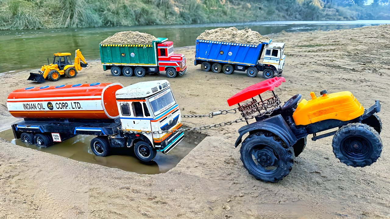 JCB 3DX Sand Loaded Truck Tata Petrol Tanker Accident Pulling Out Mahindra Tractor? Tractor Cartoon