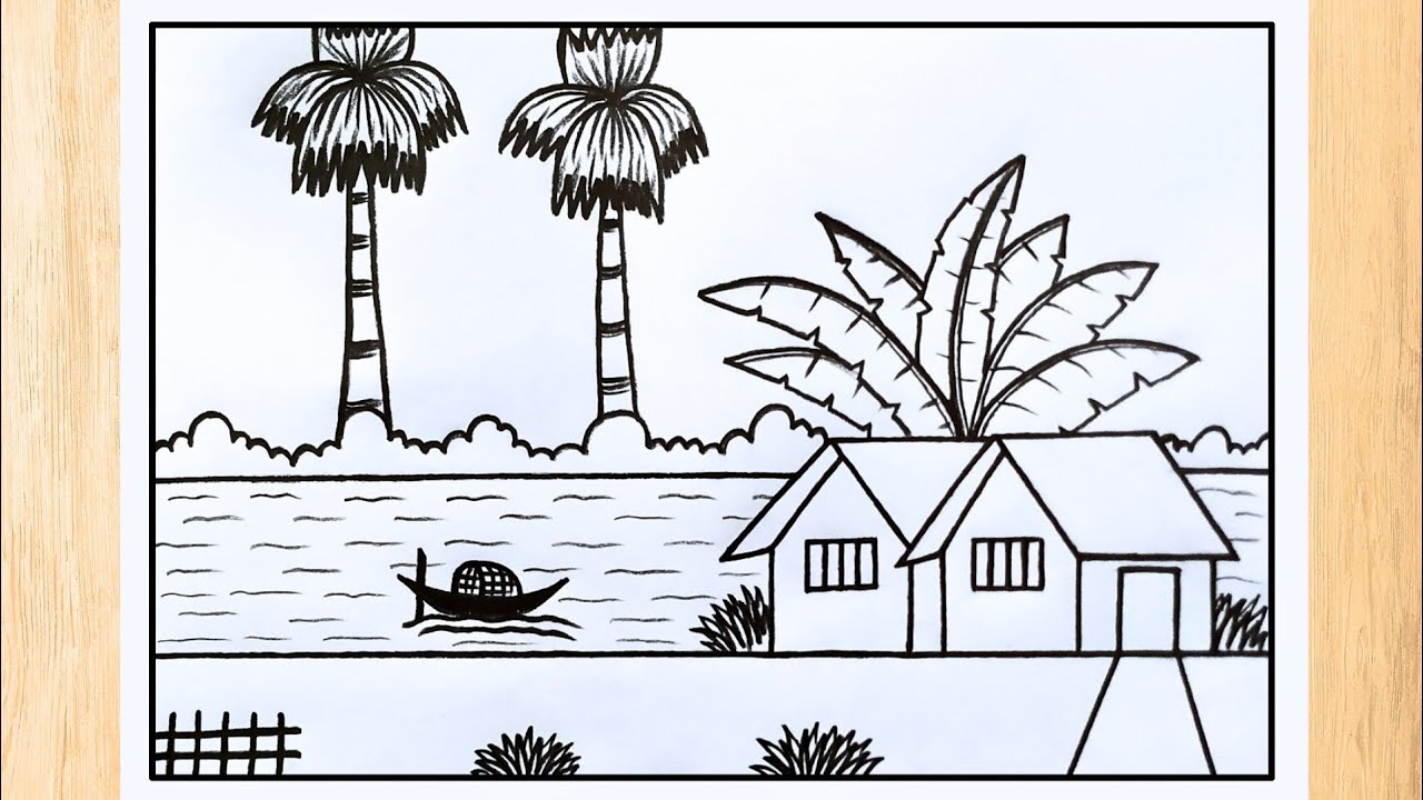 प्राकृतिक दृश्य चित्र बनाना सीखें / Scenery drawing / how to draw landscape / গ্রামের দৃশ্য আঁকা