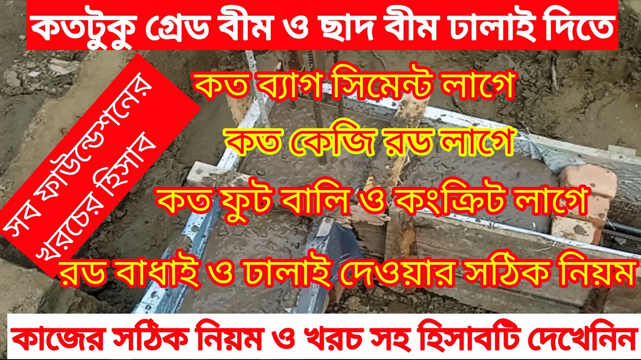 গ্রেড বীম ও ছাদ বীমের রড বাধার ও ঢালাই দেওয়ার নিয়ম ও ঢালাইয়ে রড সিমেন্ট বালুর হিসাব দাম সহ