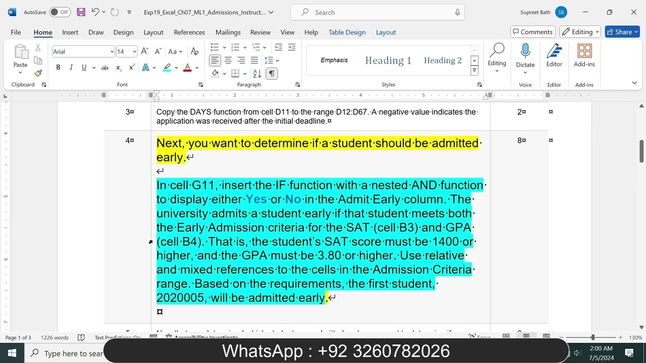 Exp19_Excel_Ch07_ML1_Admissions | Exp19 Excel Ch07 ML1 Admissions | @Cengage HomeWork