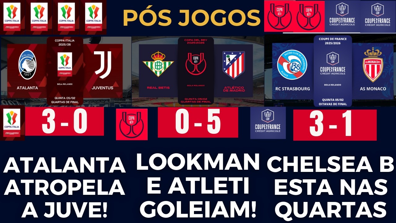 ATLETICO DE MADRID AMASSA O BETIS,ATALANTA AMASSA A JUVENTUS E O CHELSEA B VENCE O MONACO