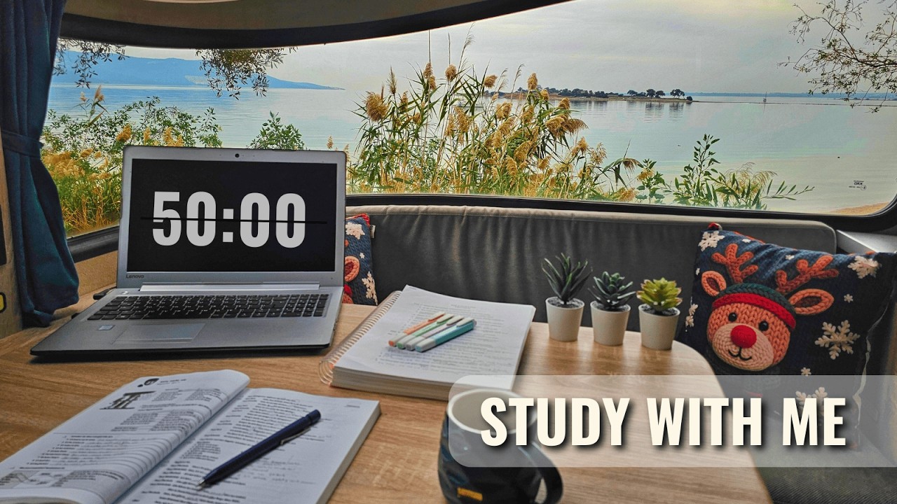 Study With Me 🌅 Sunrise in a Caravan by the Sea (50/10 Pomodoro) | Rain Sounds, No Music