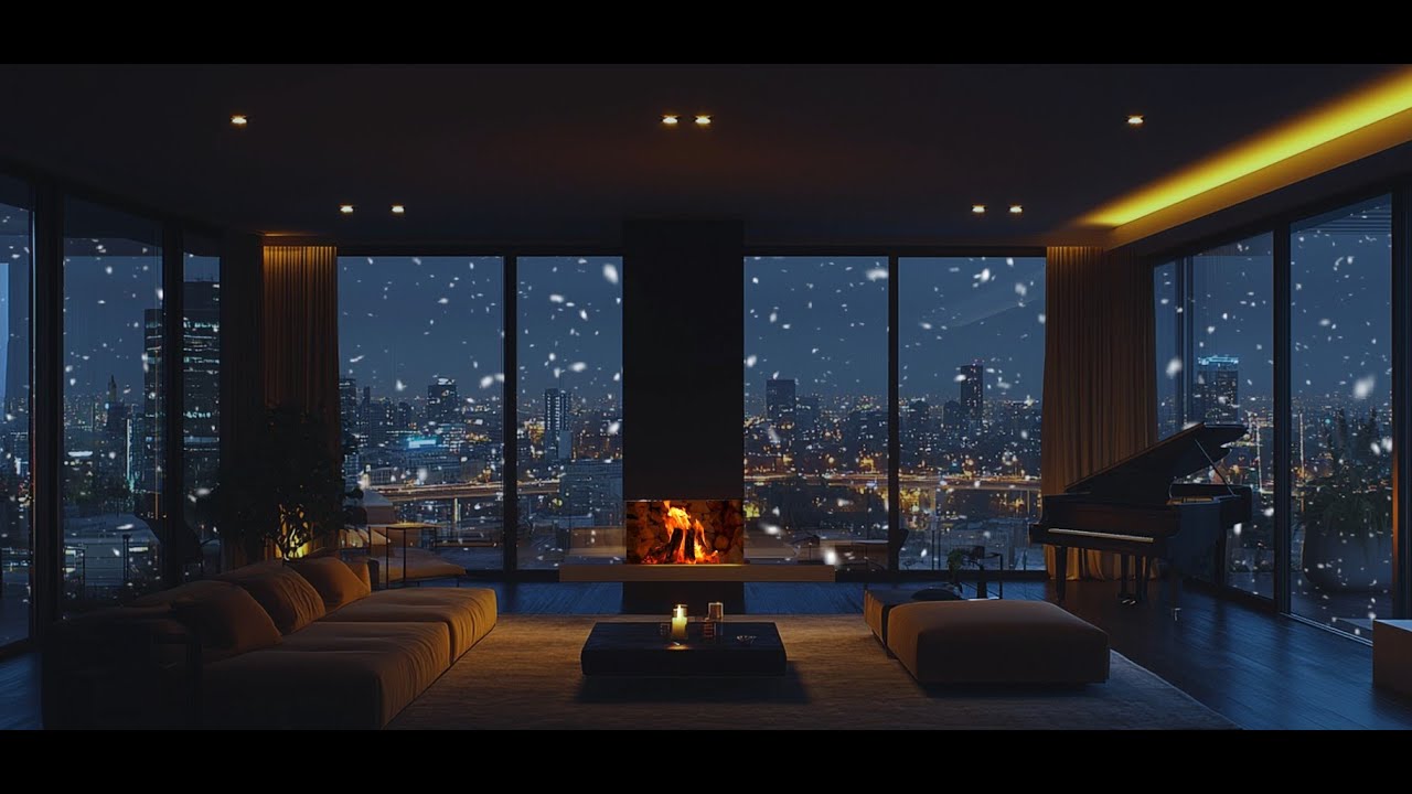 [4K] Smooth Piano Jazz at Night 🌃 Cozy New York Luxury Apartment with Rain & Fireplace Sounds