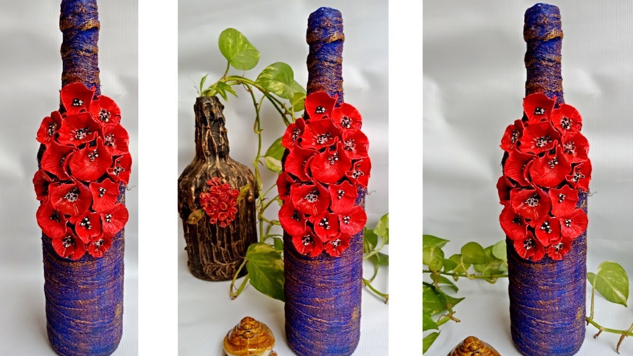 Wine Bottle Decoration l Altered Bottle with Poppy flowers l Bottle art