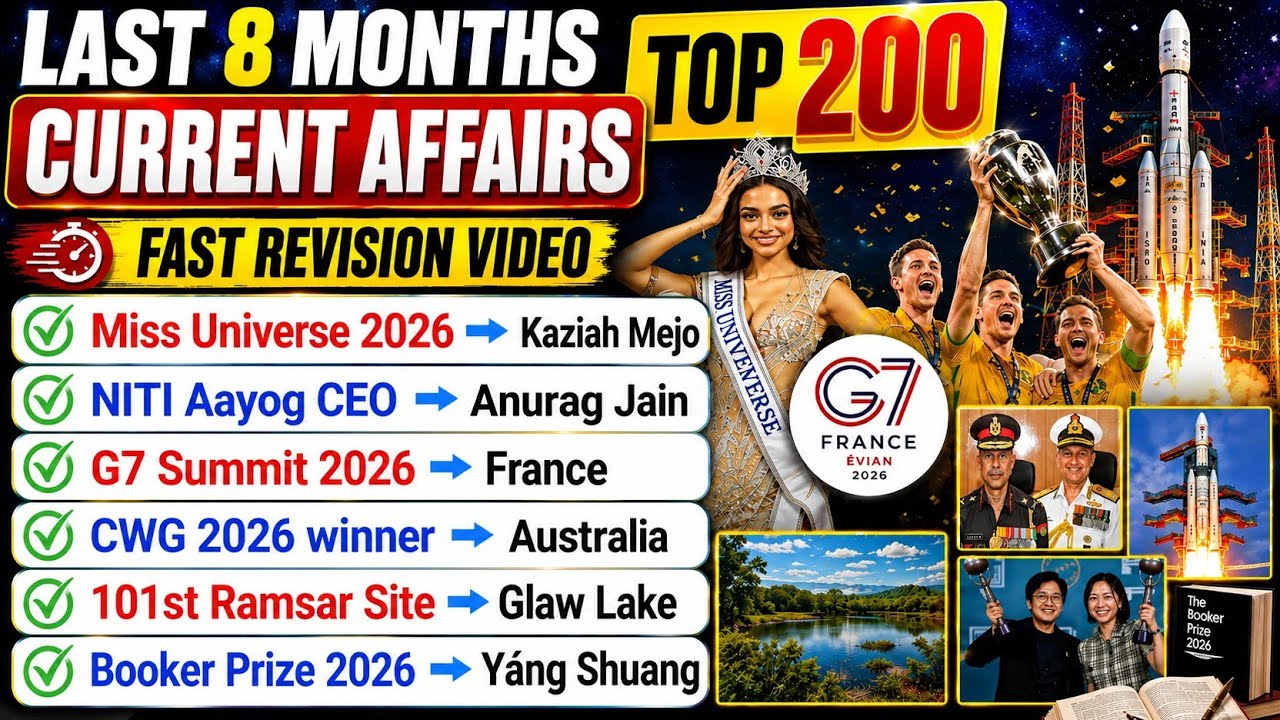 Last 8 Months Current Affairs 2026 | Top 200 Important Current Affairs 2026 | Jan 2026 to Aug 2026