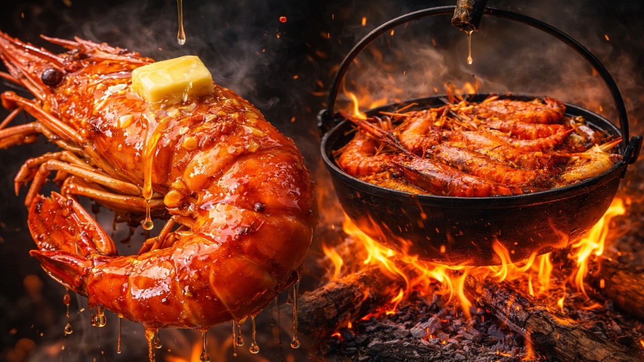 Wild Cajun Seafood Boil Over an Open Fire in the Woods