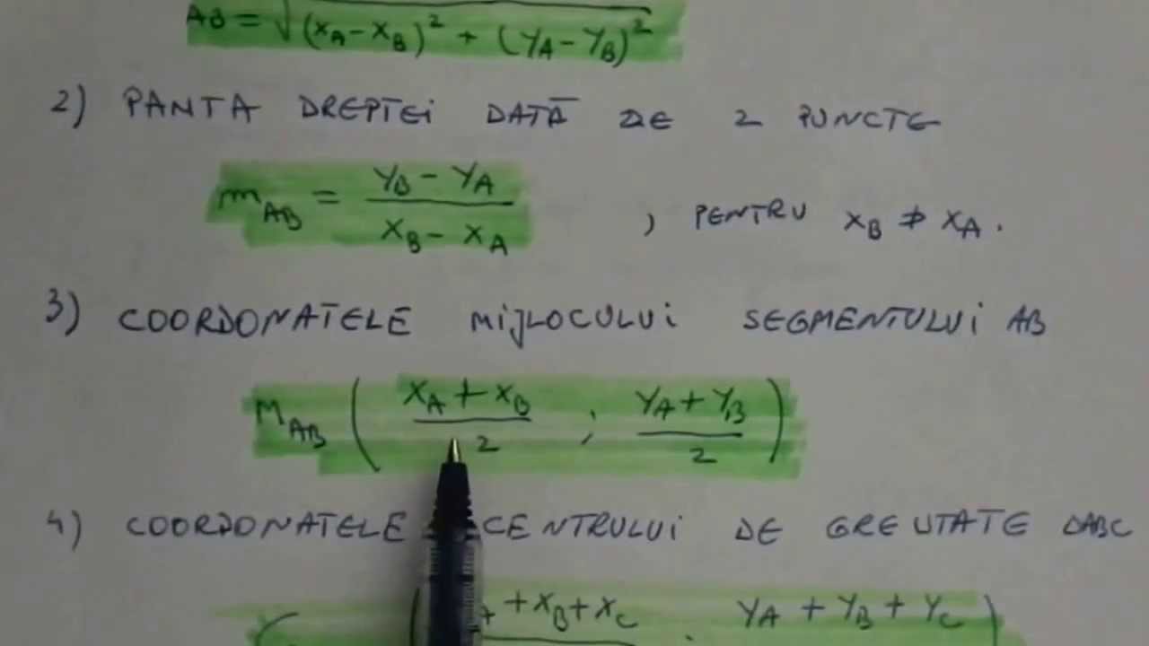 Geometrie. Formule pentru distanta, ecuatia dreptei, panta, centru de greutate. Probleme rezolvate.