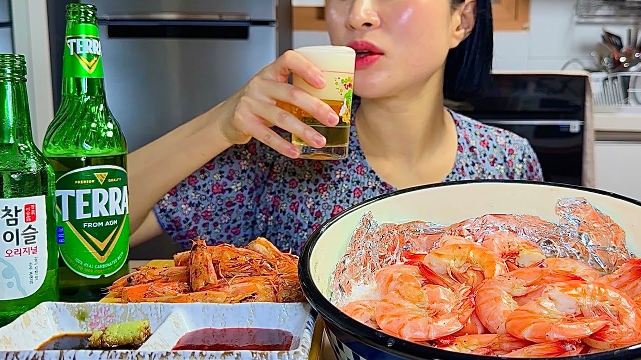 🦐 대하소금구이 & 새우머리버터구이에 소맥한잔~ 마무리는 진짬뽕 | Grilled Shrimp, So-Maek, and Jin Jjambbong | ASMR Mukbang