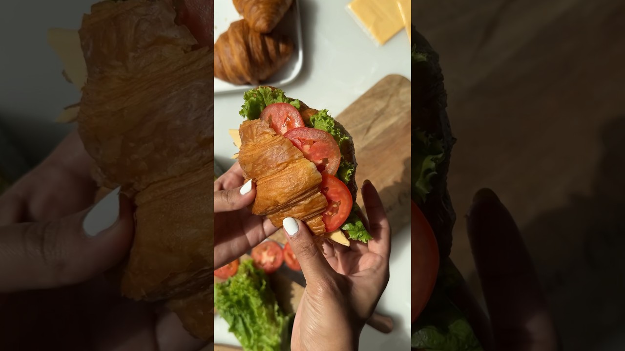 Croissant Sandwich 🥐 🍅 🌿 #sandwich #croissant #easybreakfast