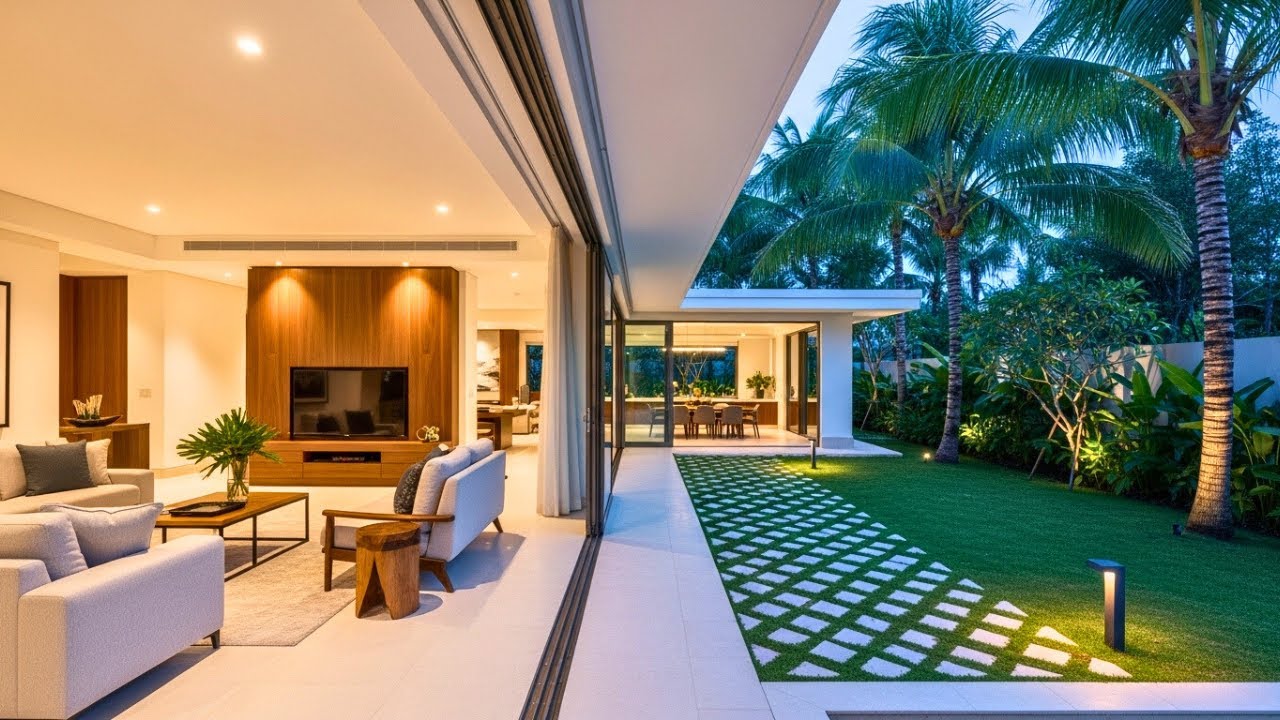 Seamless Indoor-Outdoor Luxury Living Room with Green Backyard Garden for Modern House