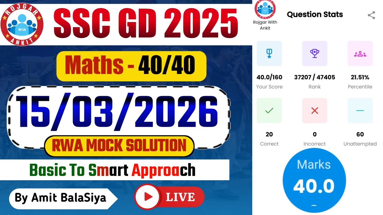 Rojgar With Ankit SSC Gd : 15 March Weekly Mock Test Math Solution | 15-03-2026