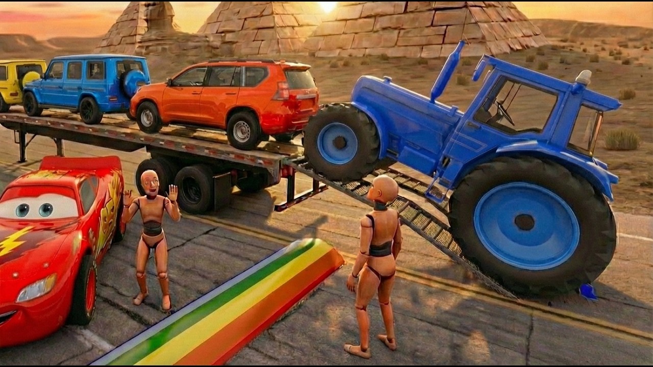 TRANSPORTING PIXAR CARS & FRUITS WITH COLORED & JOHN DEERE vs CLAAS vs TRACTORS - BeamNG.drive #84