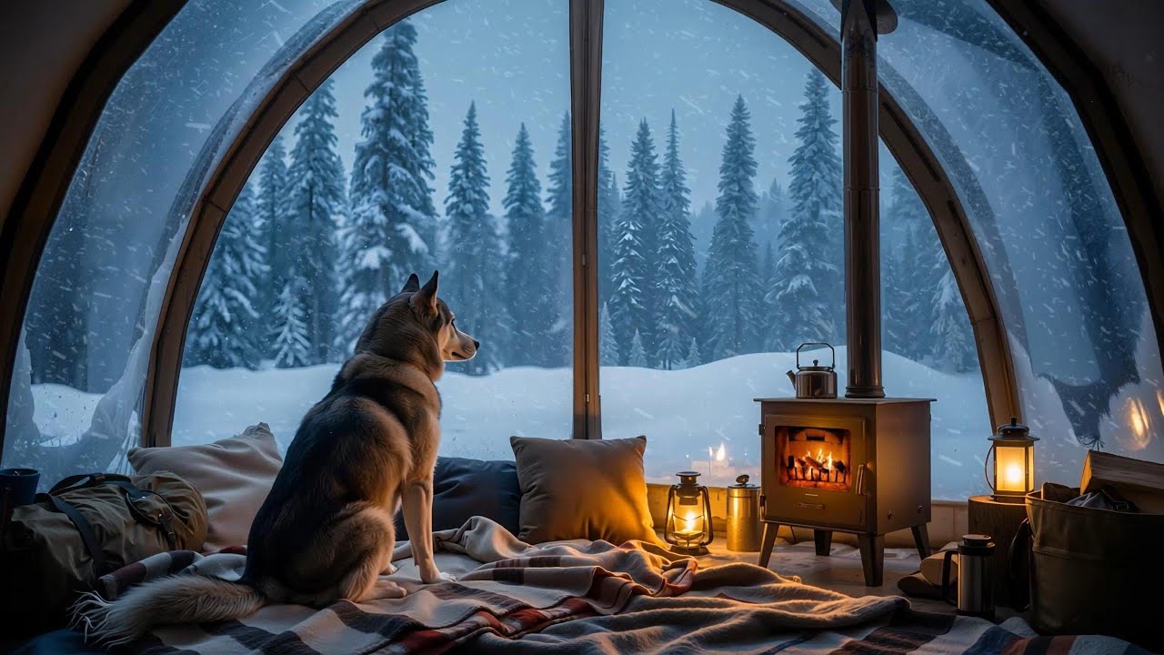 Transparent Hot Tent Camping in a Snowstorm ❄️ Winter Blizzard & Cozy Fireplace | Deep Relaxation