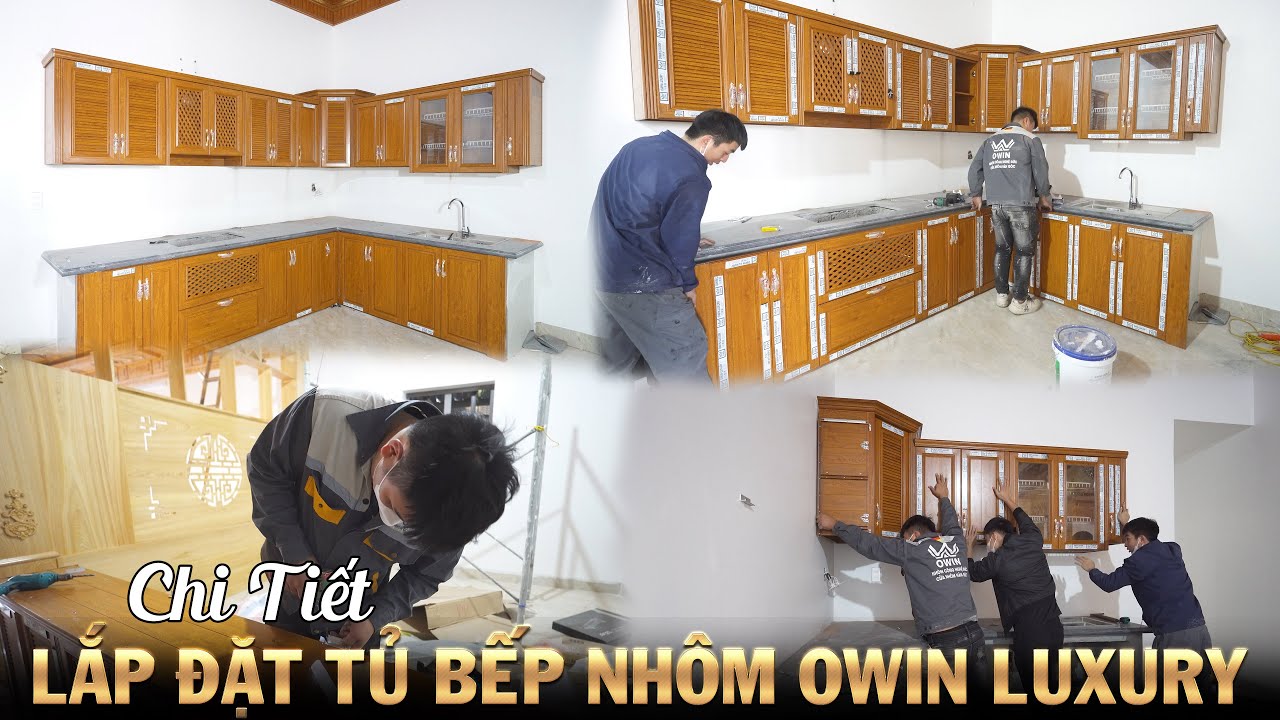 Chi tiết lắp đặt tủ bếp nhôm OWIN màu vân GỖ LIM || nhôm owin | owin