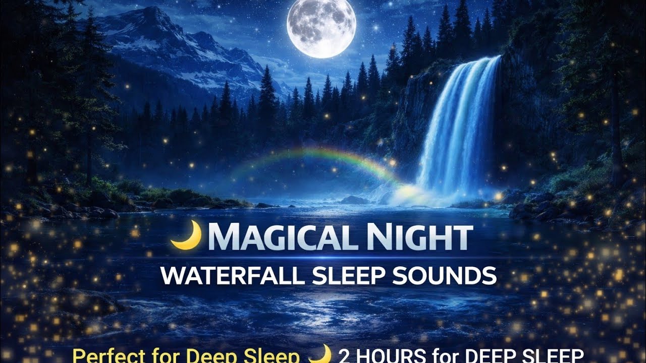 🌙 Magical Night Waterfall in Mountains | Water Splash Sounds & Relaxing Music for Sleep 2 Hours ✨🌊
