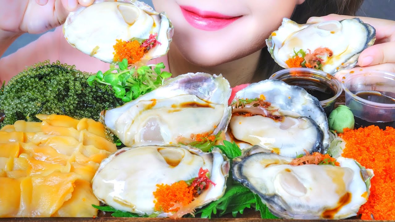 ASMR SASHIMI (RAW OYSTERS,  RAW HAIR CLAM, TOBIKO EGGS, SEA GRAPES) EATING SOUNDS | LINH-ASMR