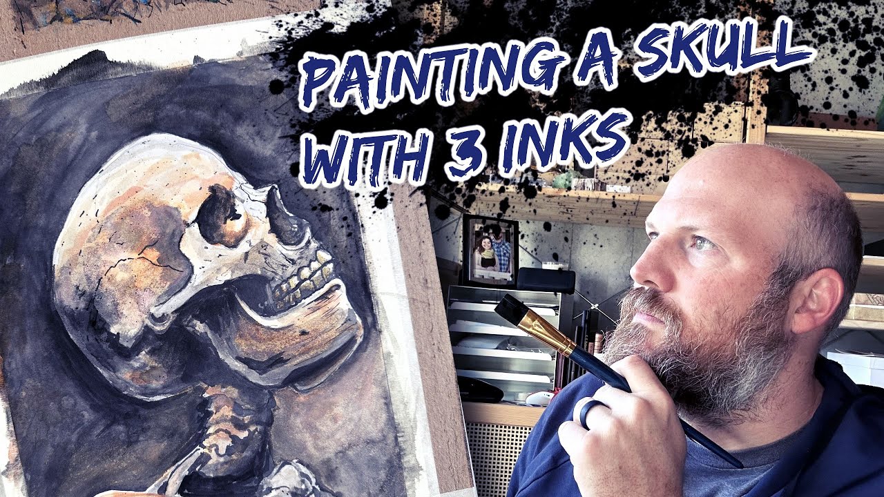 Skull Painting with 3 Inks: Burnt Sienna, Gold & Indian Ink