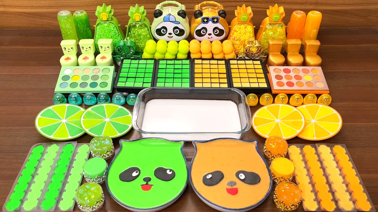Best slime mixing – Adding clay and makeup to green gold slime