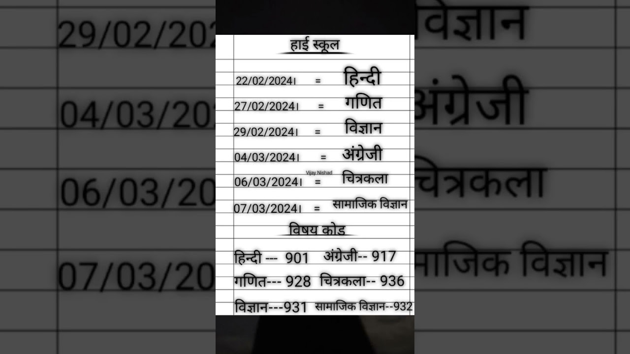 UP board High school time table class 10 / subject code high school 2024