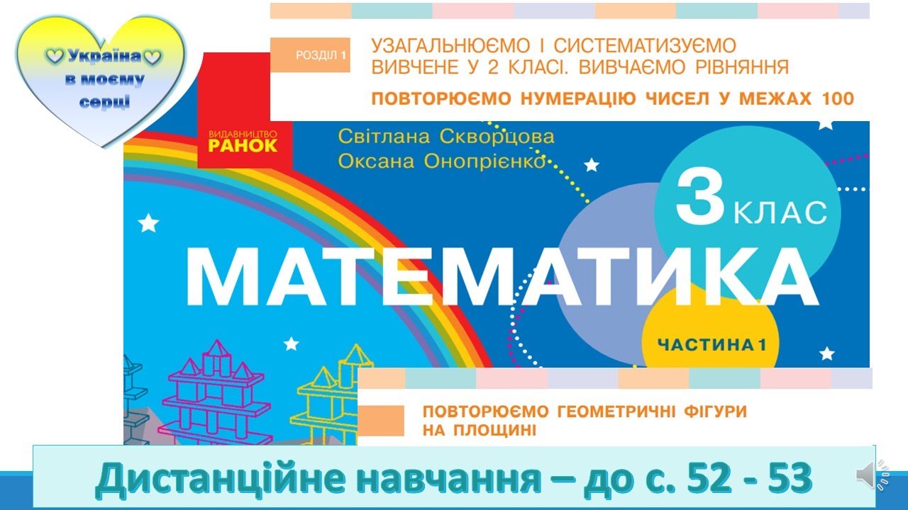 Повторюємо геометричні фігури на площині. Математика. 3 клас. Дистанційне навчання - до с. 52-53