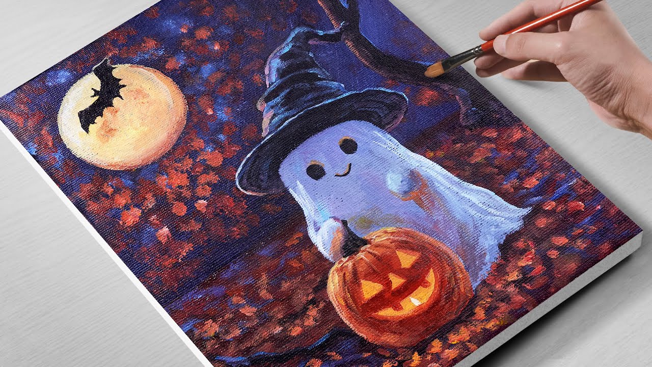 Painting a Cute Halloween Ghost 🎃 🎨 | Step-by-Step Acrylic Tutorial for Beginners
