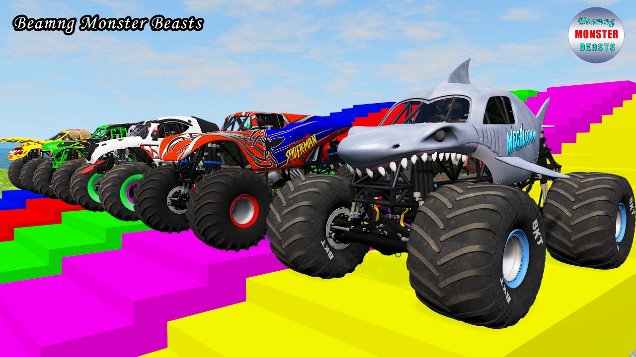 Monster Truck Transport on Triple Flatbed Trailer &ndash; BeamNG Monster Beasts #283