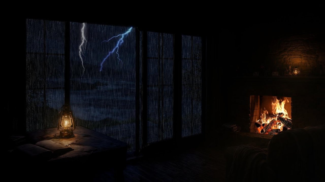 Dark Ocean Storm Cabin ⛈️ Heavy Rain, Thunder & Crackling Fireplace 🔥 Cozy SleepAmbience (No Ads)