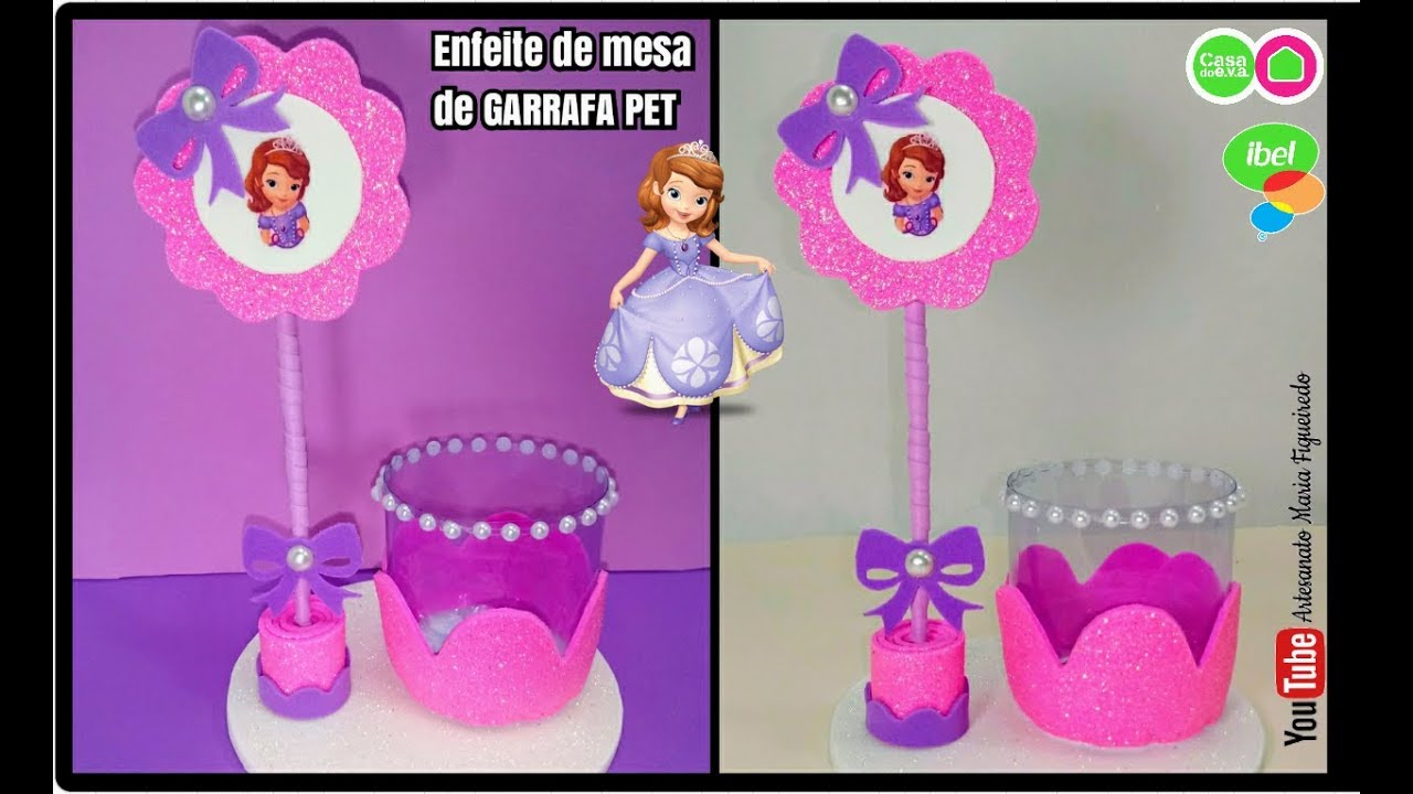 Enfeite de mesa de GARRAFA PET e EVA - Centro de Mesa, Lembrancinha, reciclagem - Princesa Sofia