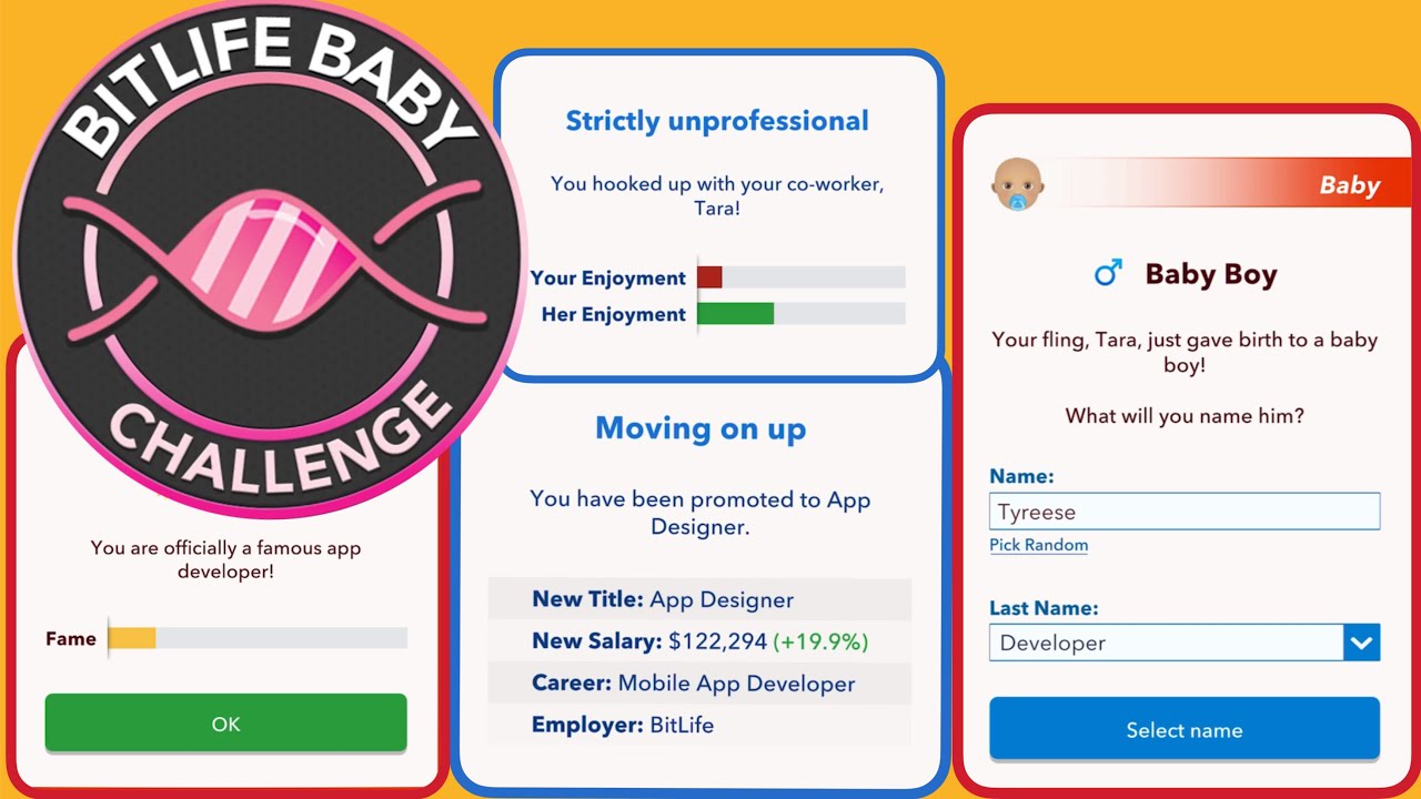 HOW TO COMPLETE THE BITLIFE BABY CHALLENGE | work for candywriter | become a famous app developer