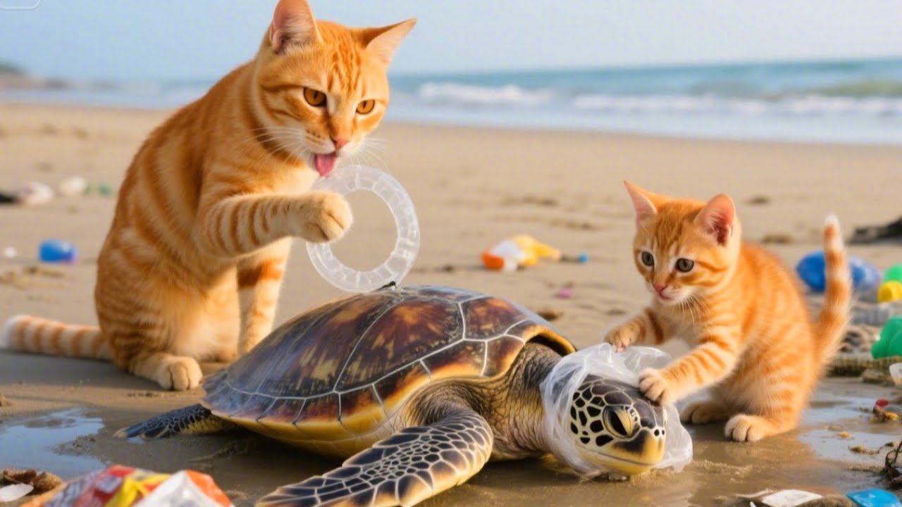 Mama Cat And Kittens Help Sea Turtle Remove Trash From Body.🐱🐾