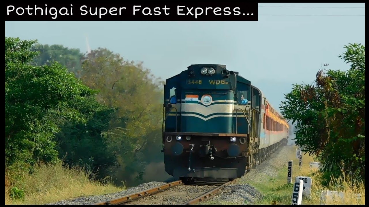 High Speed POTHIGAI SF EXPRESS with goc Twin diesel power - entering Tenkasi with continuous honking