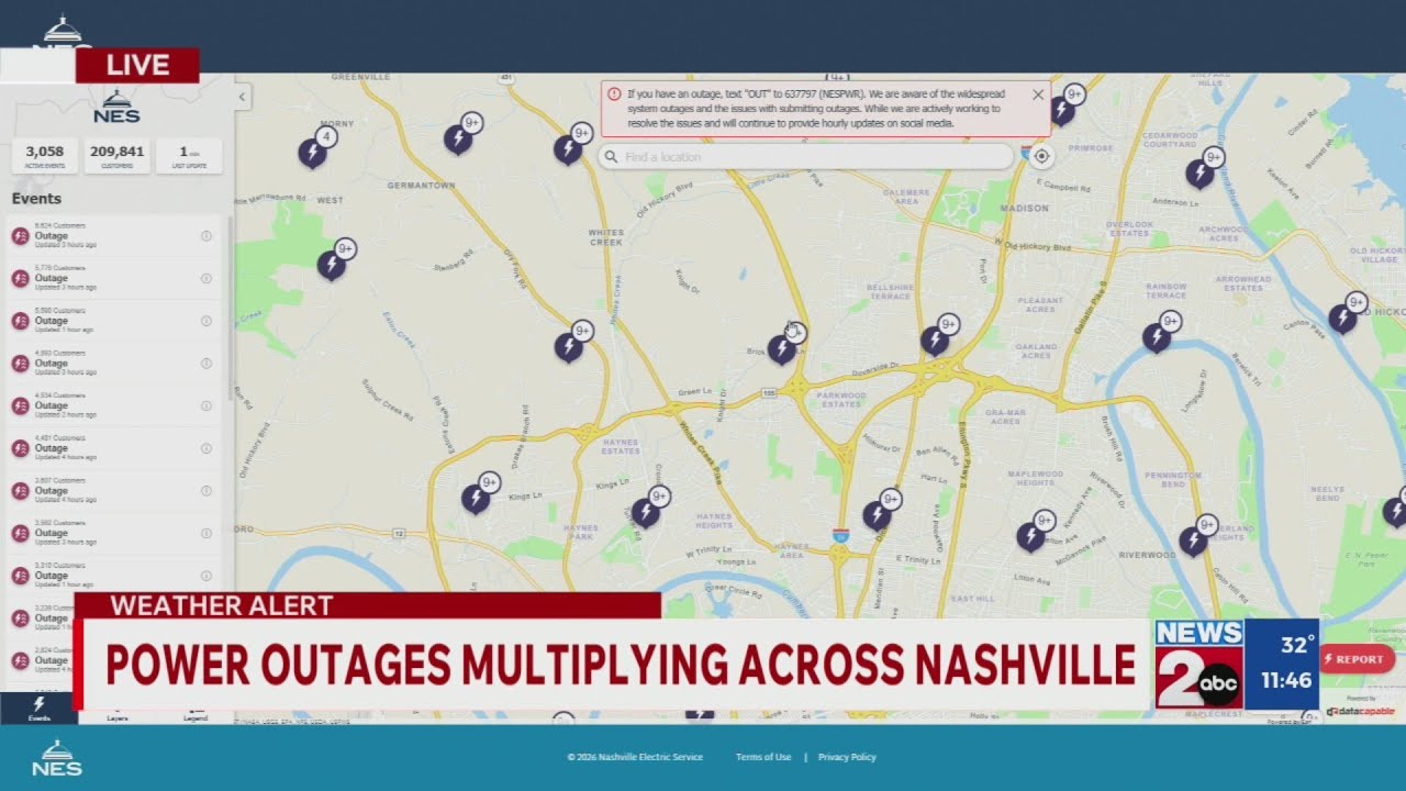 NES power outage 11:45AM update: 200K+ still without power across Nashville, TN