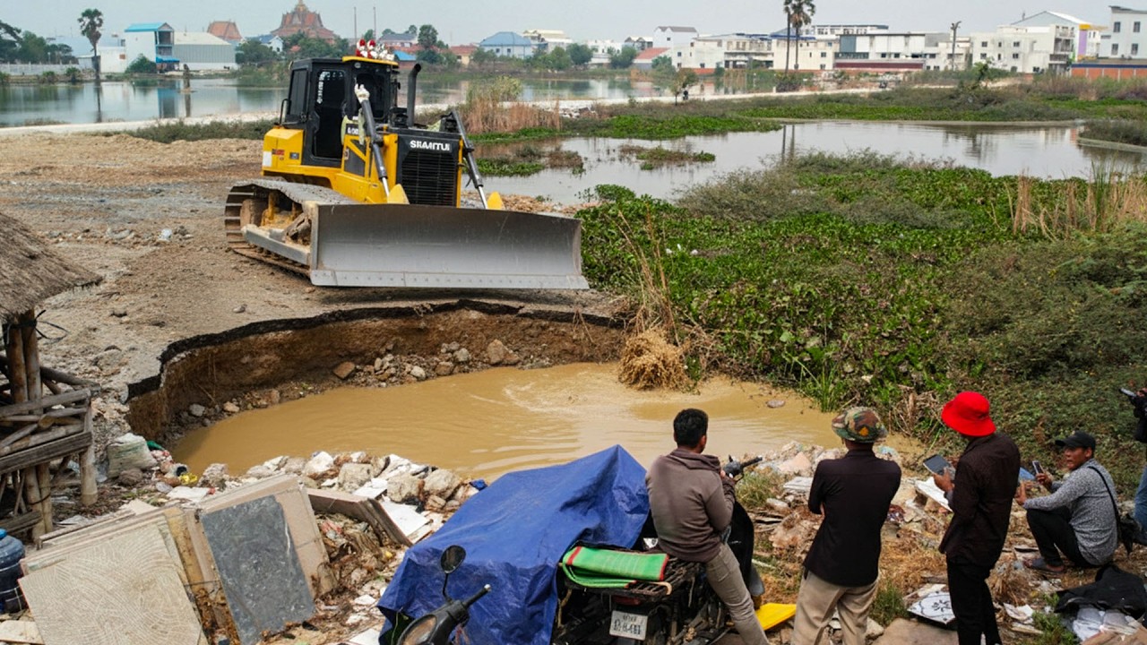 Activities in Use SHANTUI Dozer & Many Dump Truck Unloading Stone Fill Big