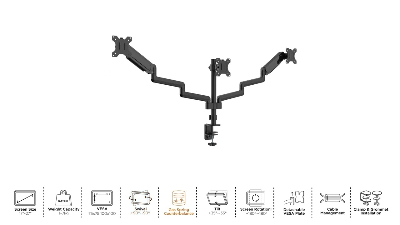 LDT48-C036 Triple Monitors Pole-Mounted Gas Spring Monitor Arm