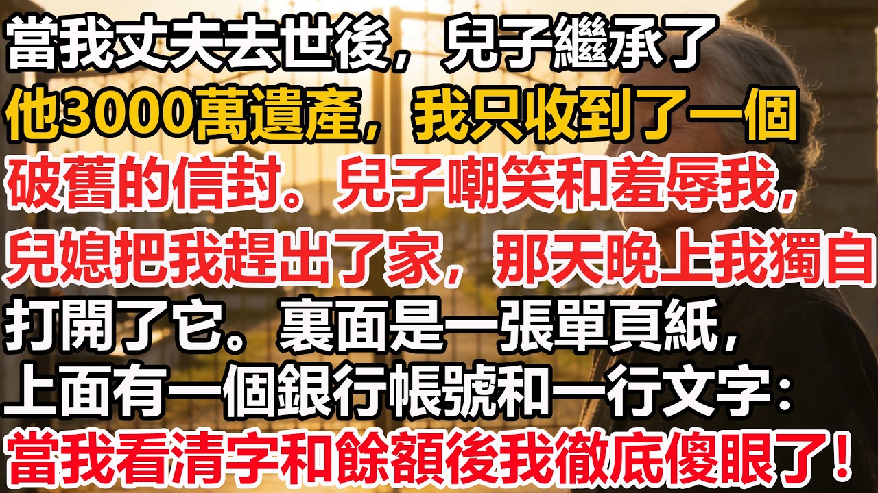 當我丈夫去世後，兒子繼承了他3000萬遺產，我只收到了一個破舊的信封。兒子嘲笑和羞辱我，兒媳把我趕出家，那天晚上我獨自打開它。裏面是一張單頁紙，上面有一個銀行帳號和一行文字我看清字和餘額後我徹底傻眼了