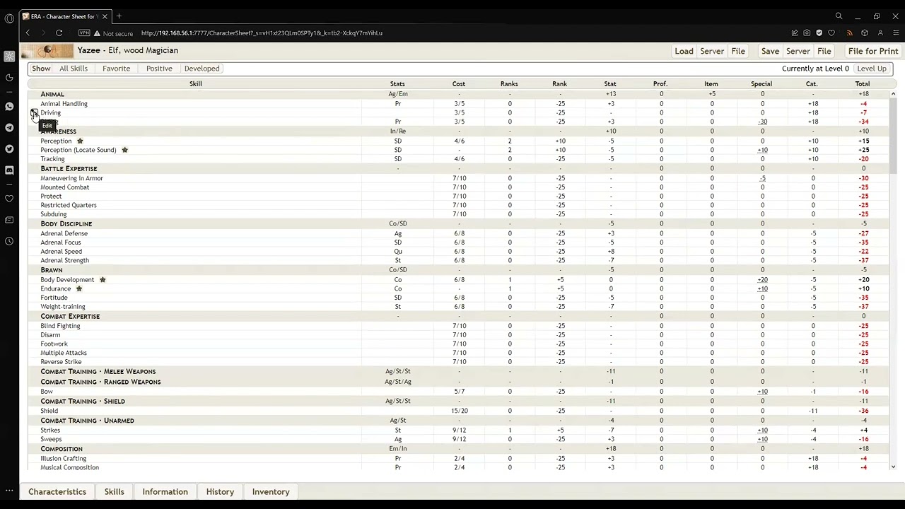 ERA for Rolemaster – Character Sheet Skills