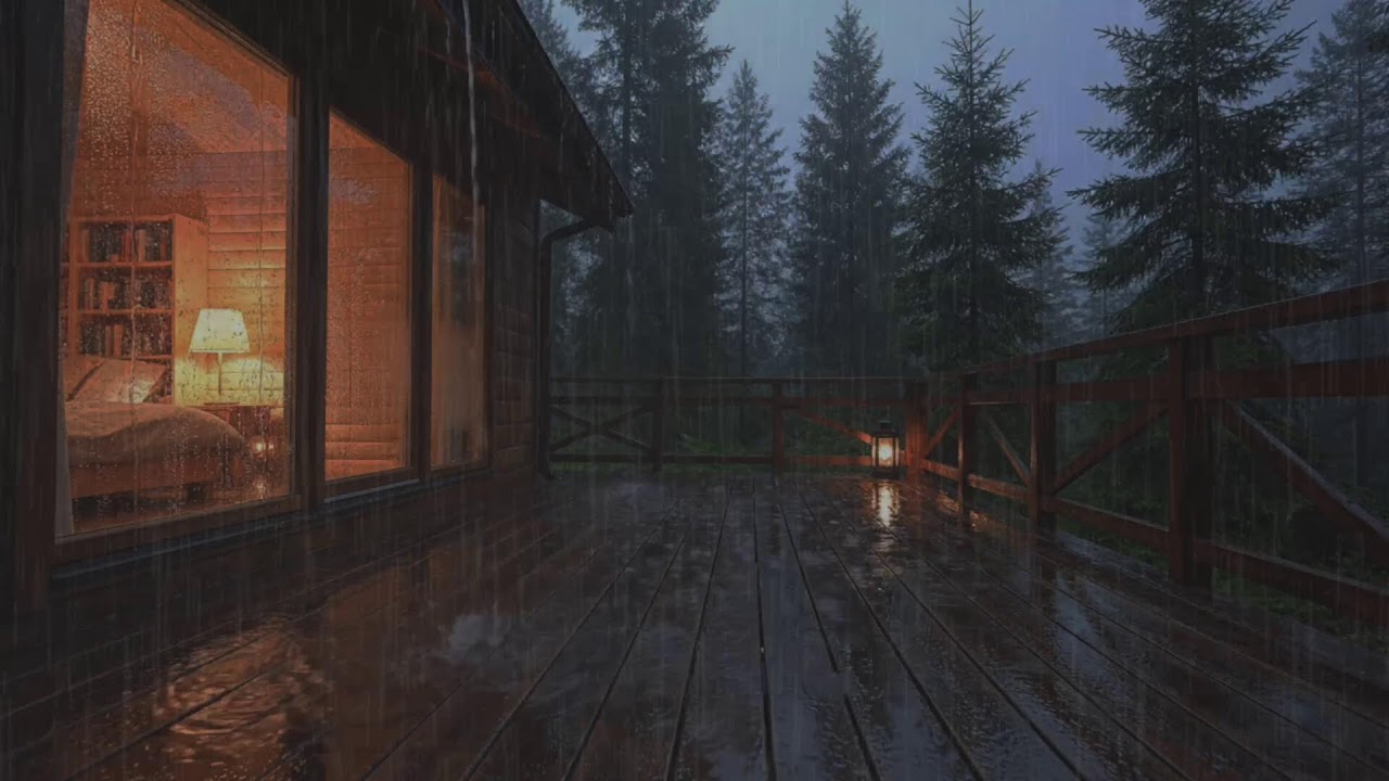 Natural rain at a forest cabin retreat, evening rain ambience promoting sleep balance over insomnia