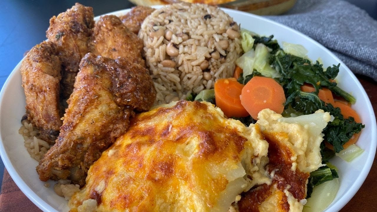 FULL DINNER! Mustard Fried Chicken, Scallop Potatoes, Blackeye Peas & Rice, Cabbage & Collard Greens